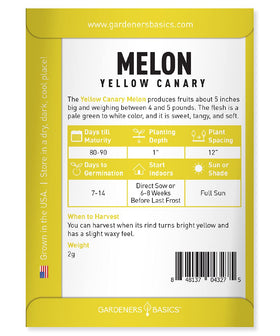 Gardeners Basics Yellow Canary melon seeds closeup—high-quality, non-GMO seeds for home gardens.