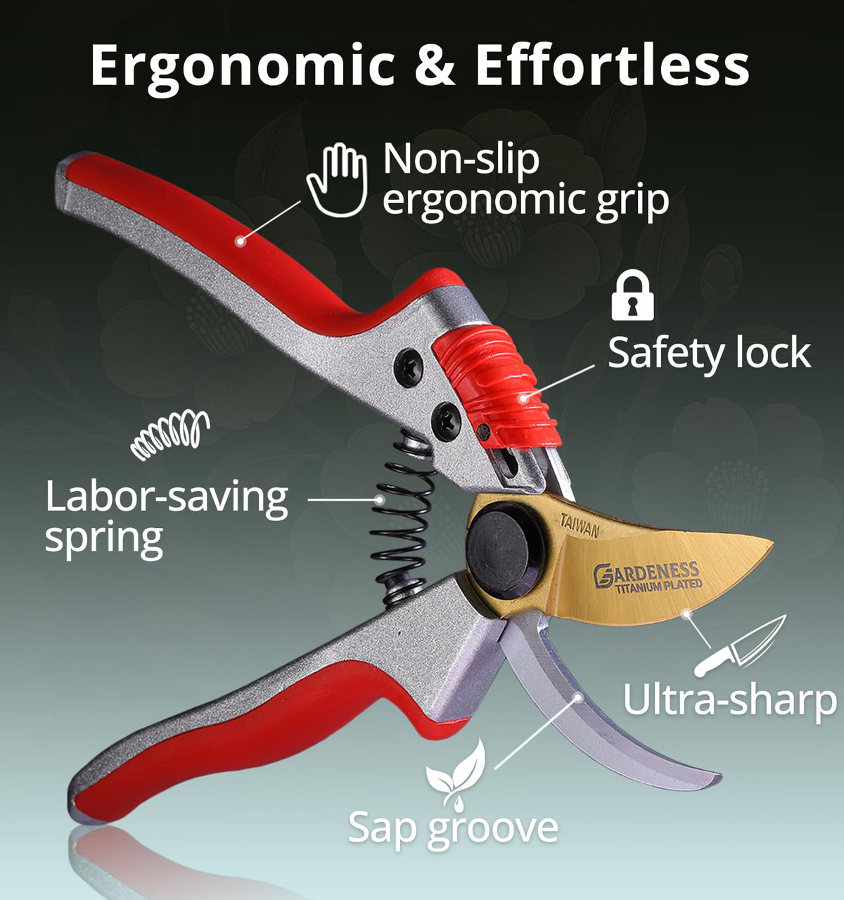 Gardeness Titanium Bypass Pruning Shears rust-resistant coating protects outdoors.