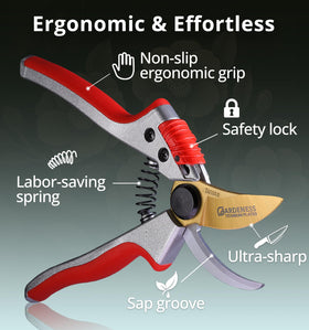 Gardeness Titanium Bypass Pruning Shears rust-resistant coating protects outdoors.