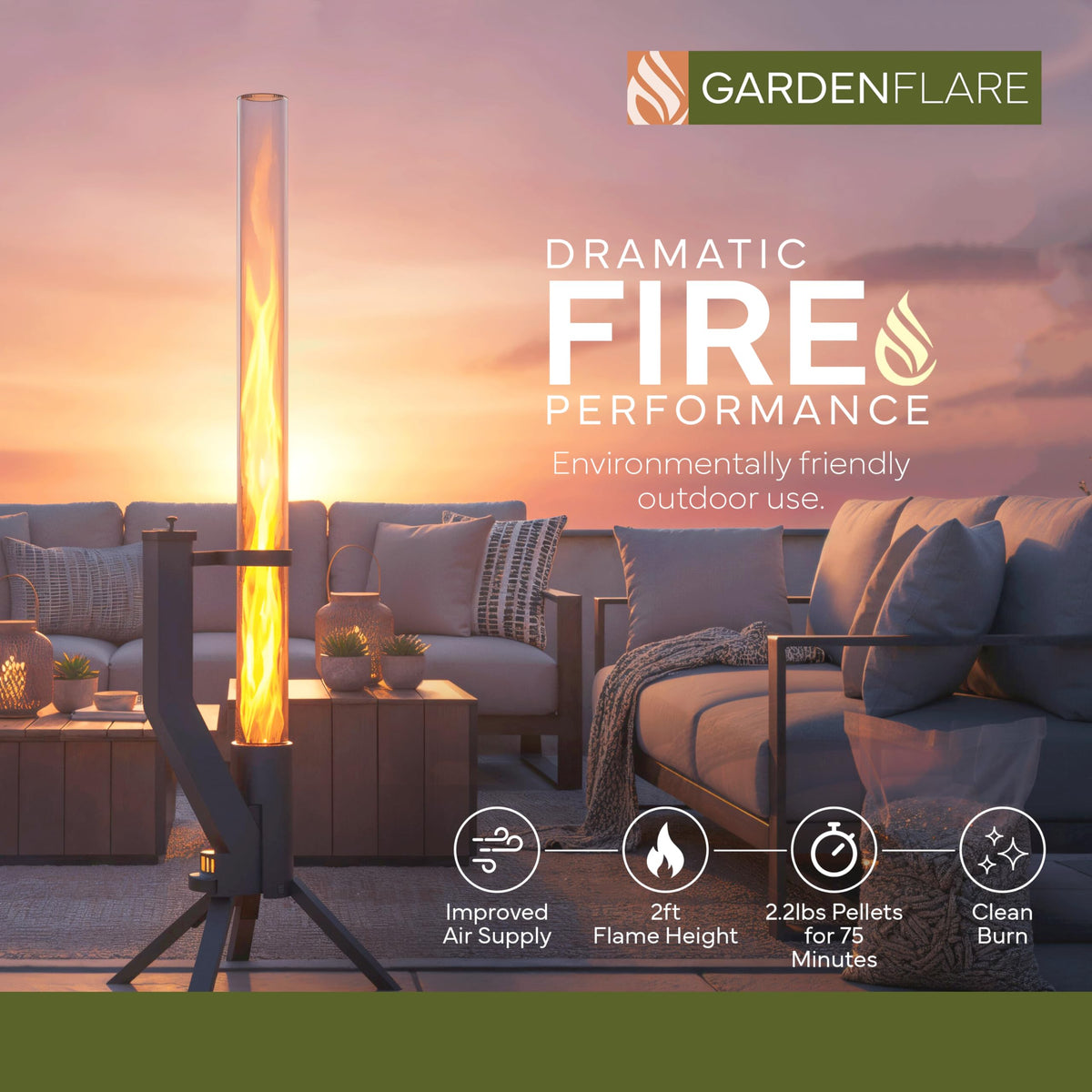 Gardenflare flame column rises up to two feet for captivating ambiance.