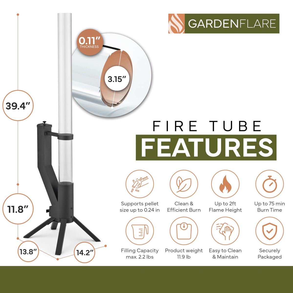 Gardenflare pellet burn lasts up to 75 minutes with low smoke.