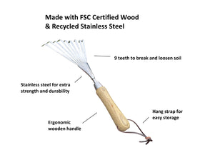 Garden Guru Eco Hand Rake ergonomic FSC wood handle for comfort.