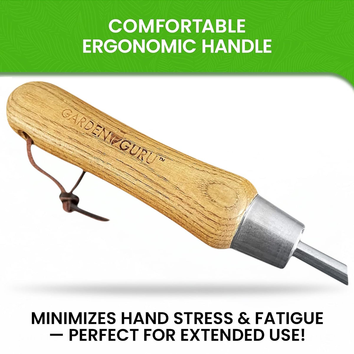 Garden Guru Eco Hand Rake FSC-certified wood handle for sustainability.
