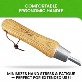 Garden Guru Eco Hand Rake FSC-certified wood handle for sustainability.