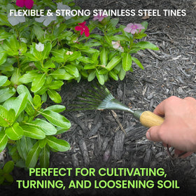 Garden Guru Eco Hand Rake rust-resistant stainless steel tines.