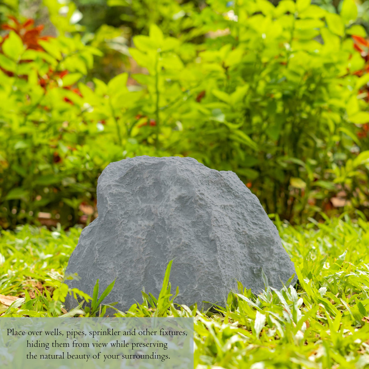Gardenised artificial rock granite-grey texture complements paths and garden beds.