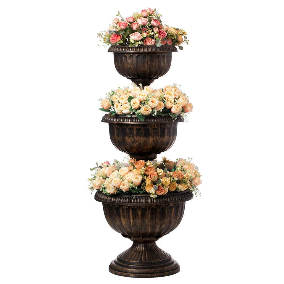 Gardenised triple-stack bronze flower bowl urn, front view for outdoor display.
