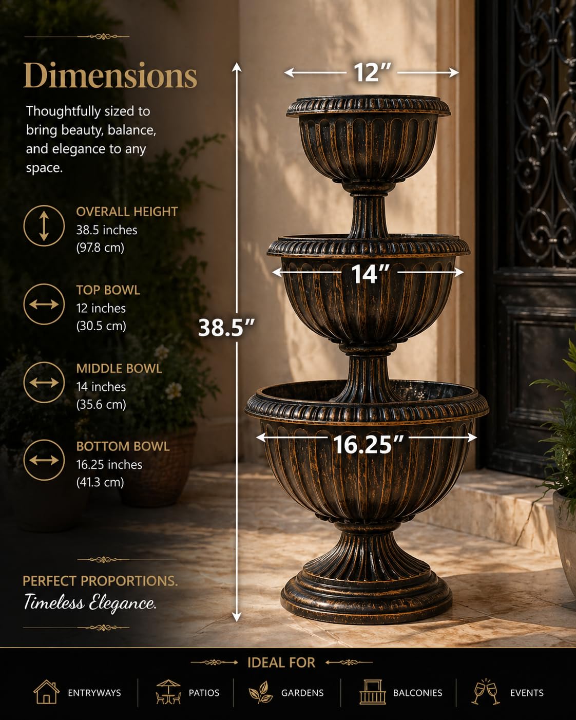Bronze Gardenised patio display with stacked bowls for seasonal blooms.