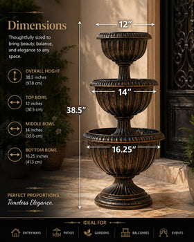 Bronze Gardenised patio display with stacked bowls for seasonal blooms.