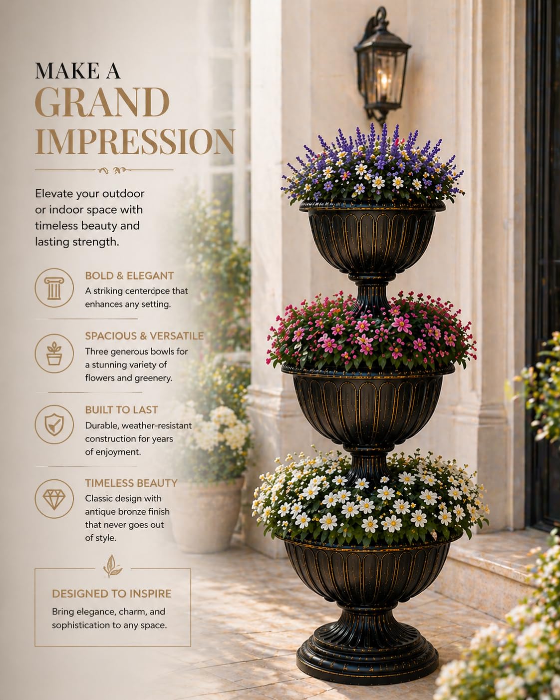 Gardenised bronze planter urn, side view showing stacked bowls for vertical gardening.