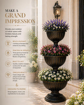 Gardenised bronze planter urn, side view showing stacked bowls for vertical gardening.