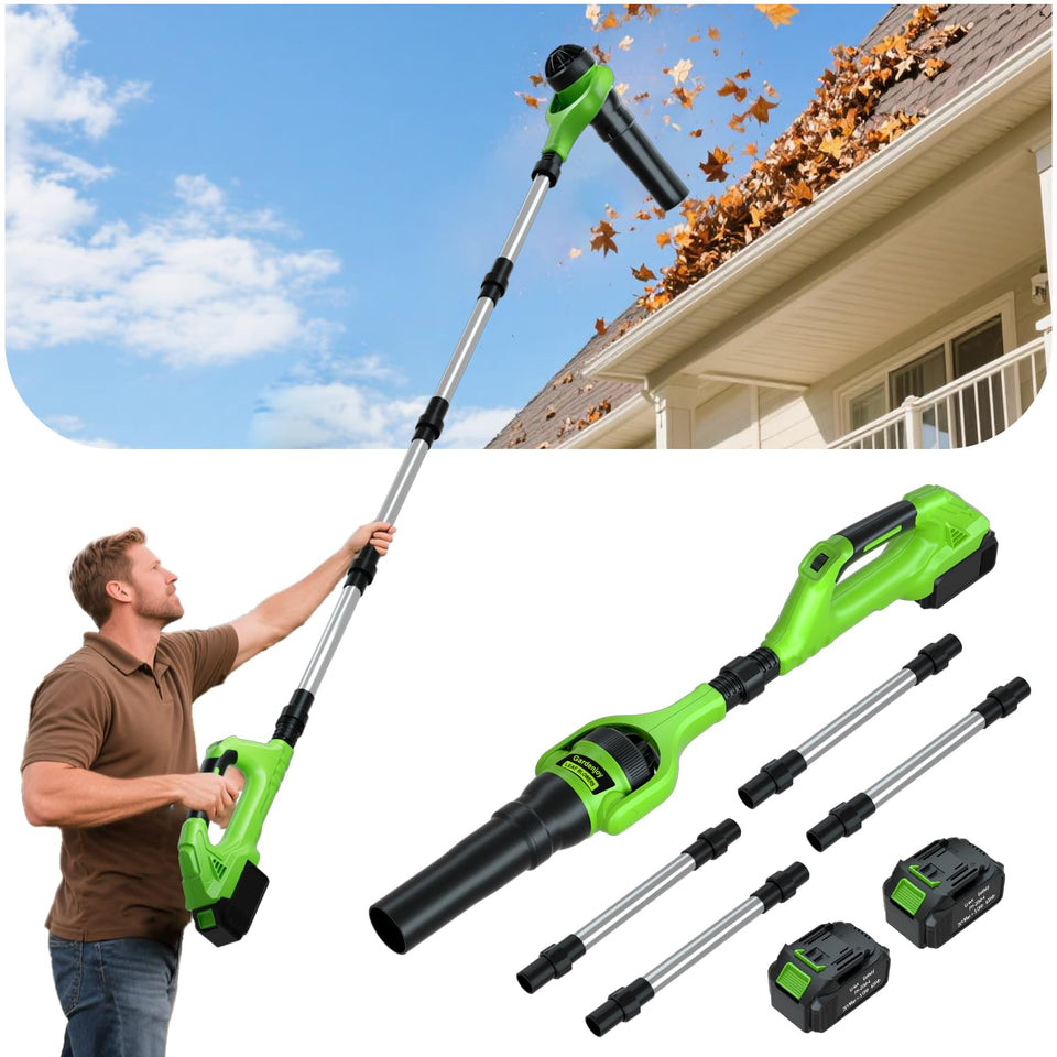 GardenJoy leaf blower with 21V motor close-up for powerful yard cleanup.