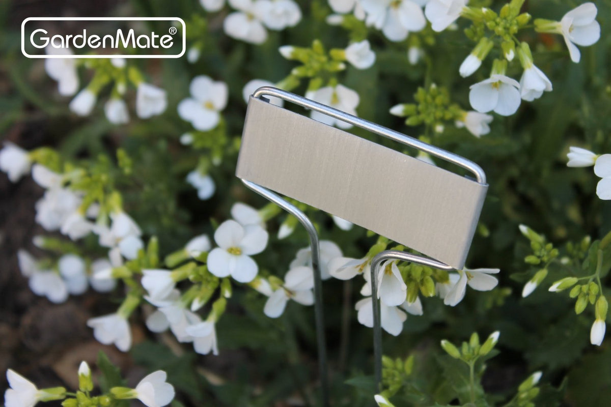 GardenMate 25-pack weatherproof metal labels in sunlight demonstrate long lasting visibility.