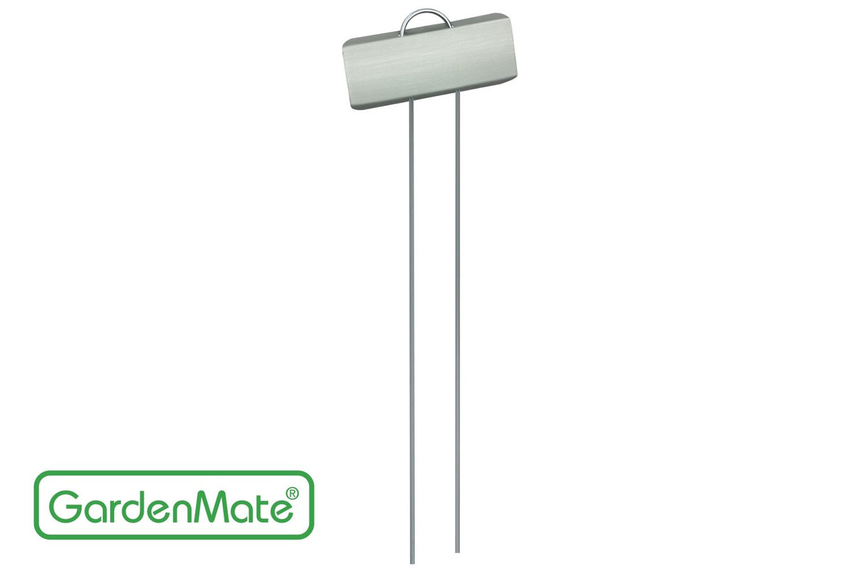 GardenMate zinc plant labels close-up metal tag highlights sturdy material for outdoor use.