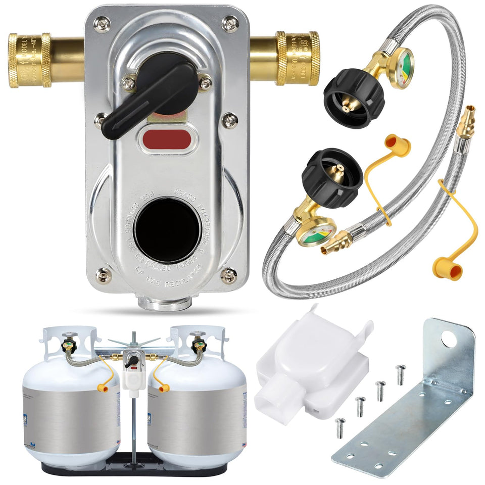 GardenNow 2-stage auto-changeover regulator, full assembly for reliable RV propane supply.