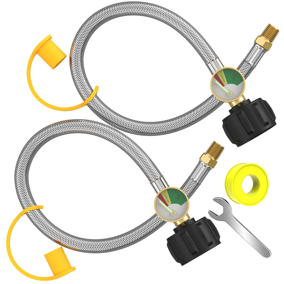 GardenNow RV propane hose with 24-inch gauge for easy gas level checks.