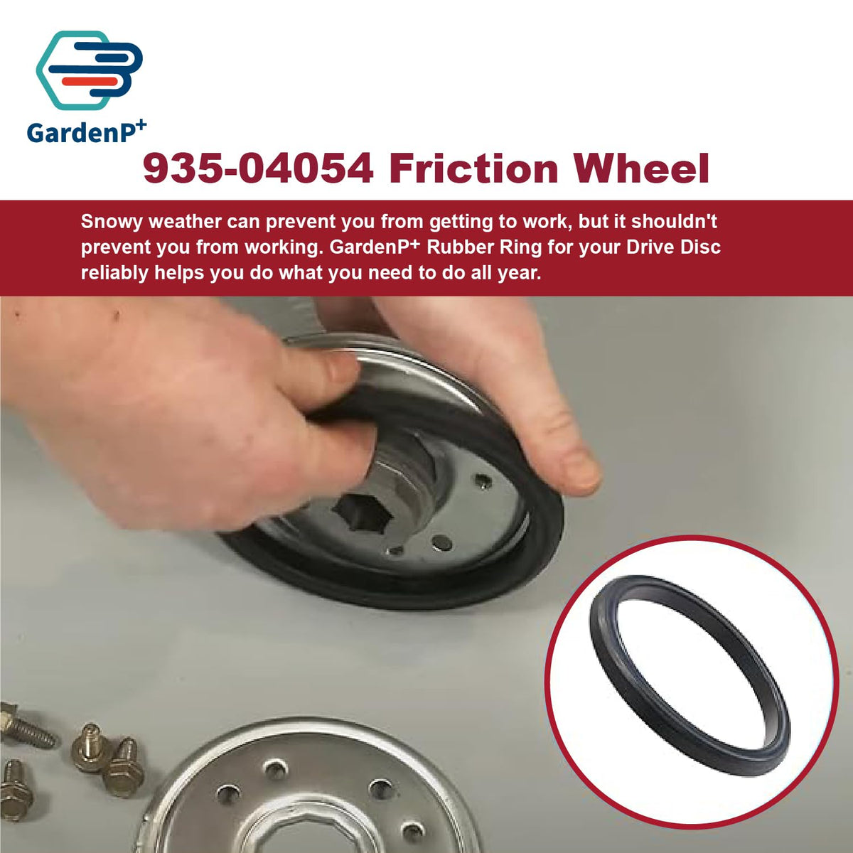 GardenP+ friction wheel for Storm series snow blowers enhances durability.
