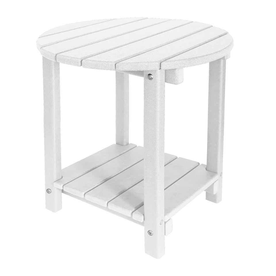 GardenSTAR Adirondack round side table in white with two-tier storage for patio organization
