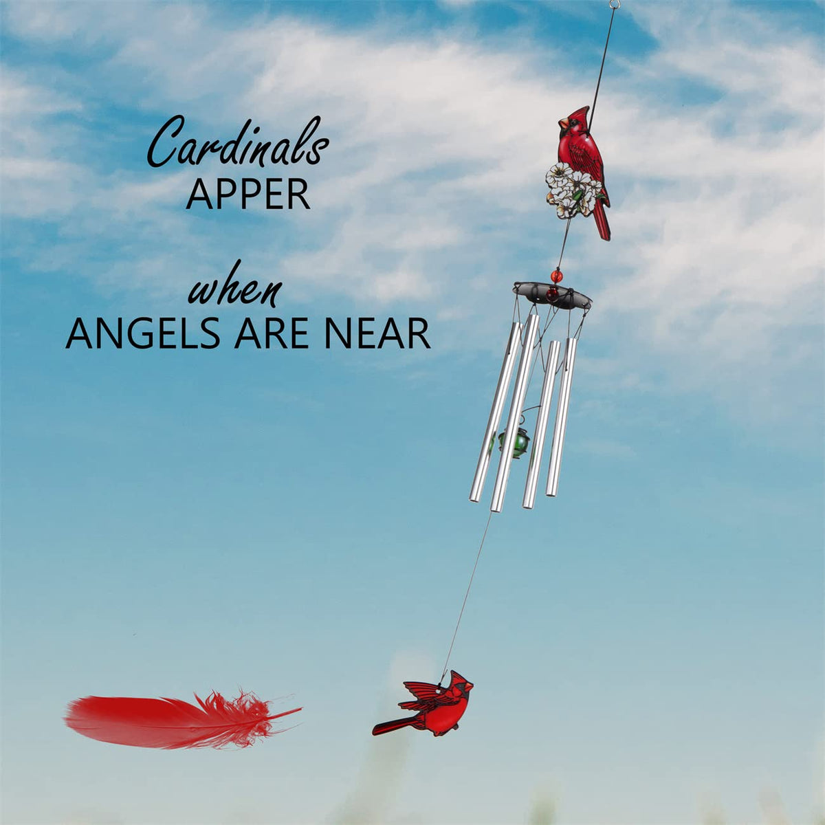 Gardenvy Cardinal Wind Chime aluminum-steel construction ensures lasting outdoor use.
