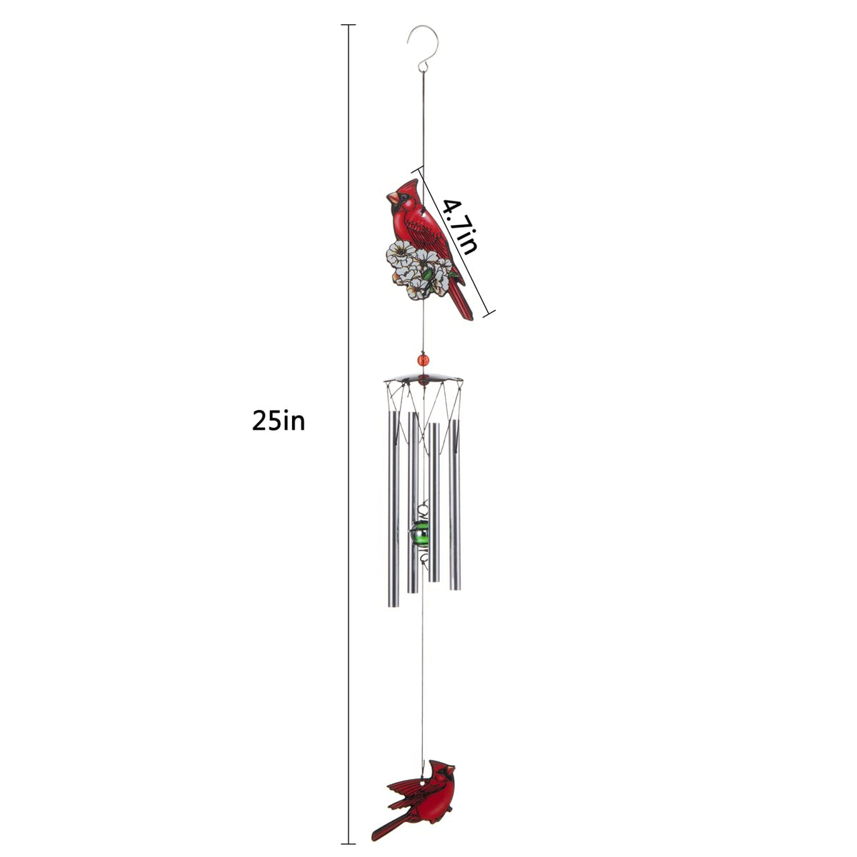 Gardenvy Cardinal Wind Chime suspended at 25 inches for visible movement.
