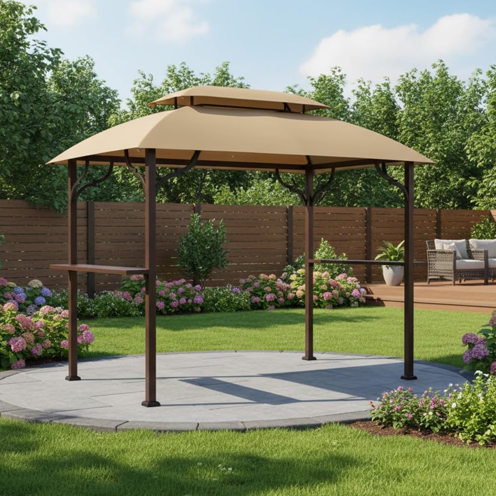 Garden Winds Greenvail 8x5 gazebo canopy top beige shown on model