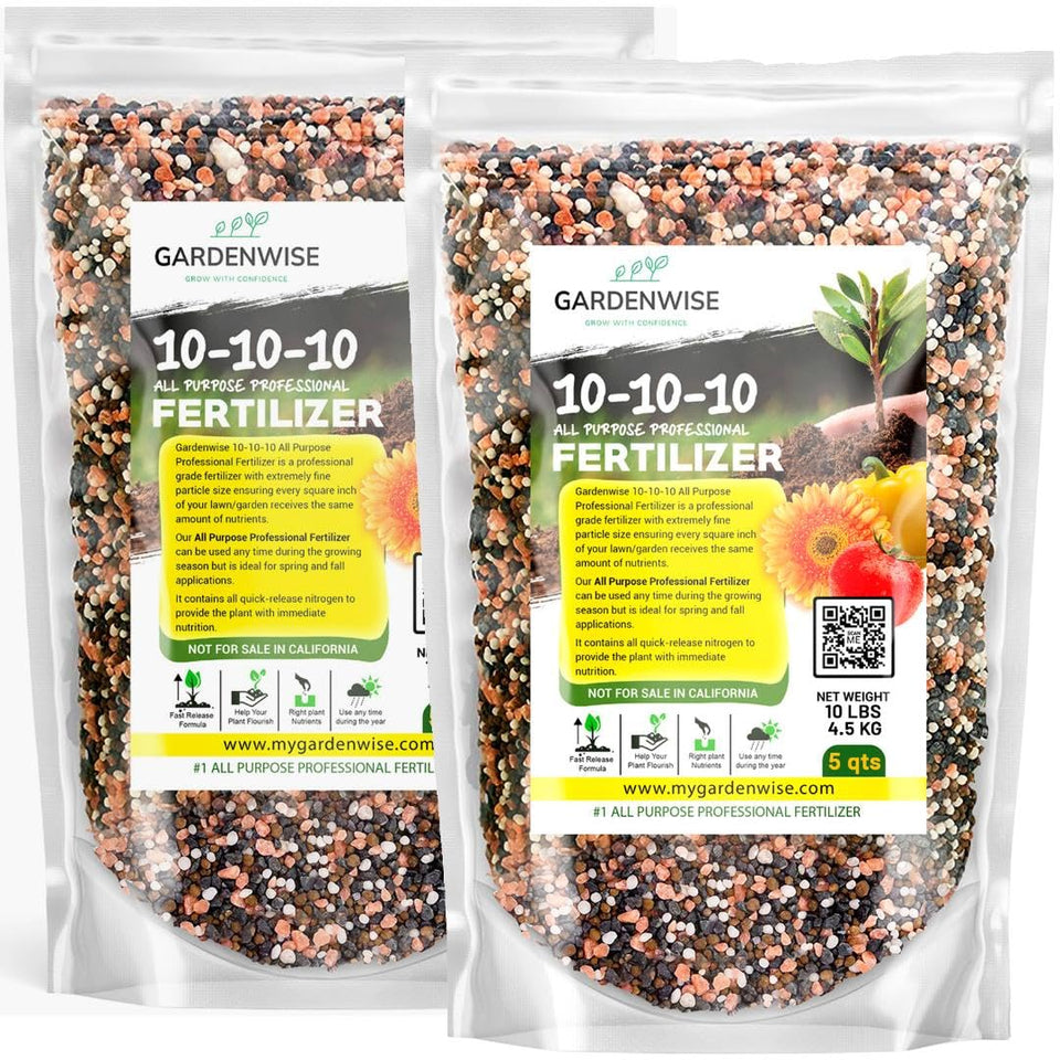 Gardenwise 10-10-10 fertilizer bag ready for outdoor use and soil nourishment.