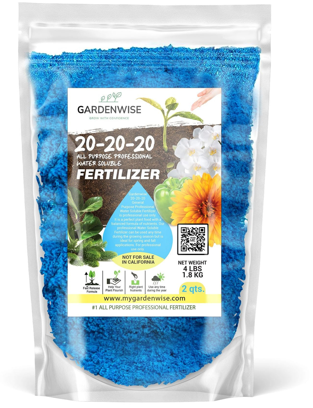 Gardenwise 20-20-20 fertilizer bottle ready to dissolve for quick indoor feeding.