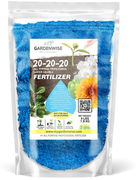 Gardenwise 20-20-20 fertilizer bottle ready to dissolve for quick indoor feeding.