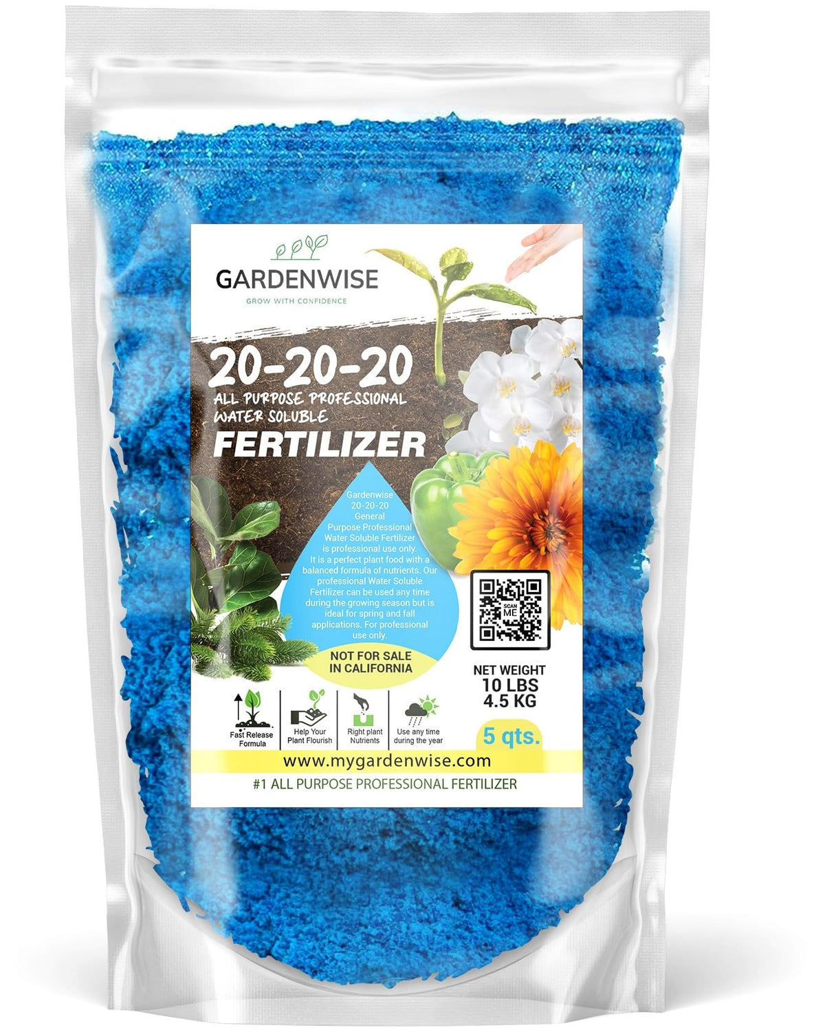 Gardenwise 20-20-20 fertilizer packaging ready for indoor and outdoor use.