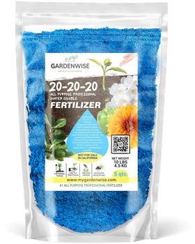 Gardenwise 20-20-20 fertilizer packaging ready for indoor and outdoor use.
