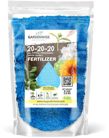 Gardenwise 20-20-20 powder fertilizer packaging highlights easy product identification.