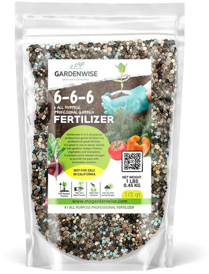Gardenwise 6-6-6 all-purpose fertilizer bottle for year-round plant nutrition.