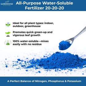 Gardenwise powder dissolving in water to feed indoor and outdoor plants quickly.
