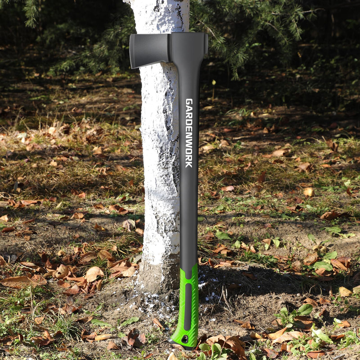 GardenWork camping axe in use during a woodland outdoor activity.