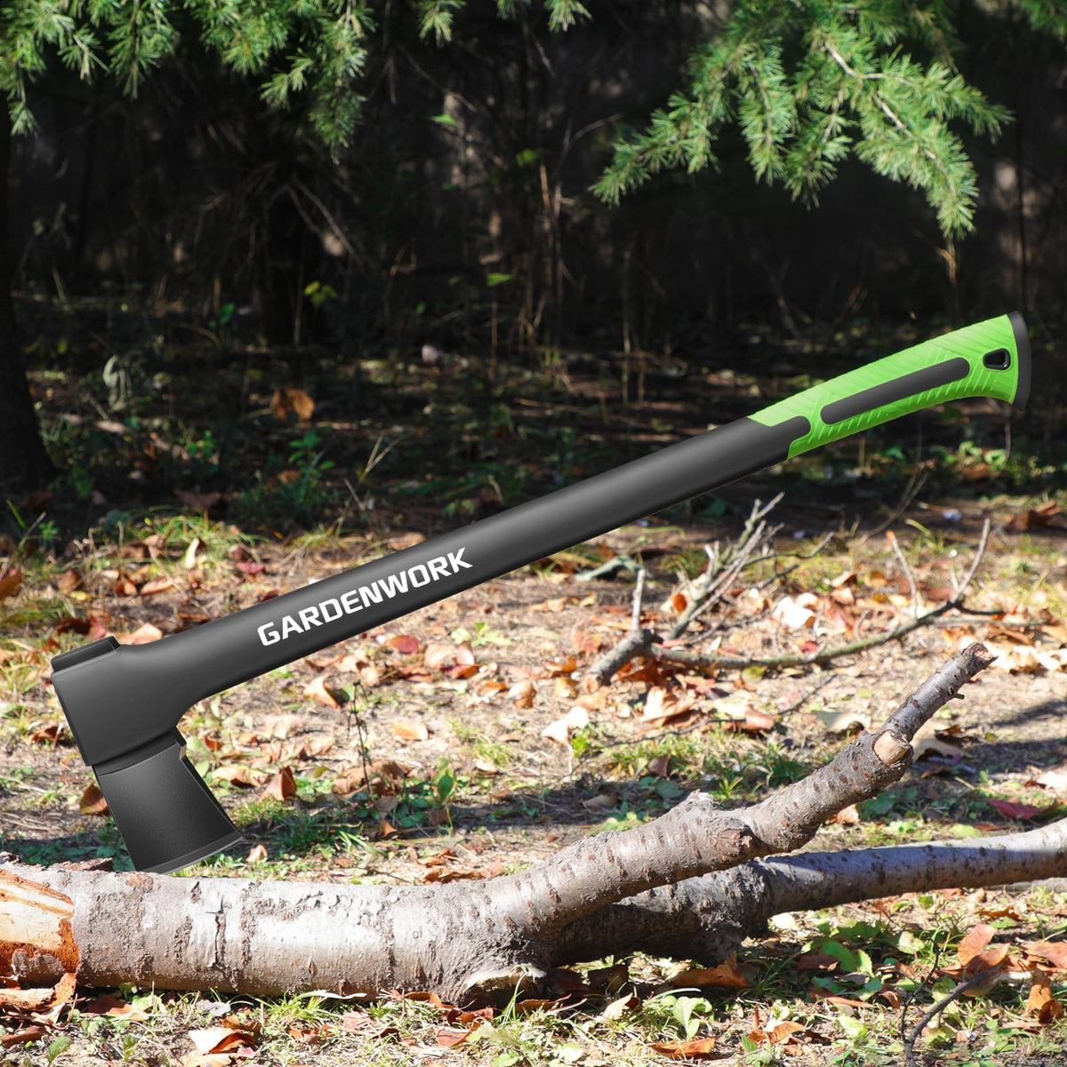 GardenWork axe used for campfire wood and kindling collection outdoors.