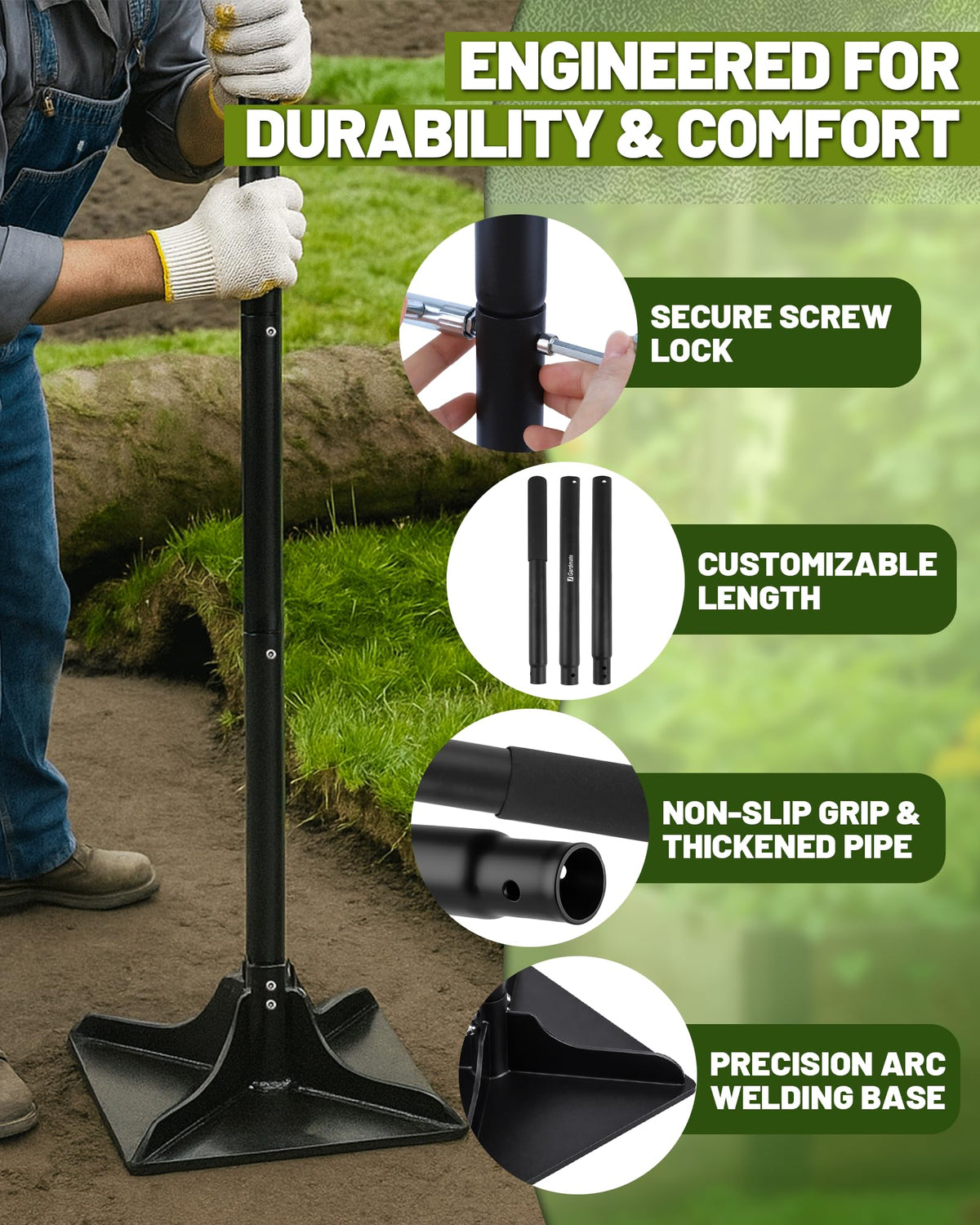 Gardmate steel tamper anti-loosening system keeps head and handle securely joined.