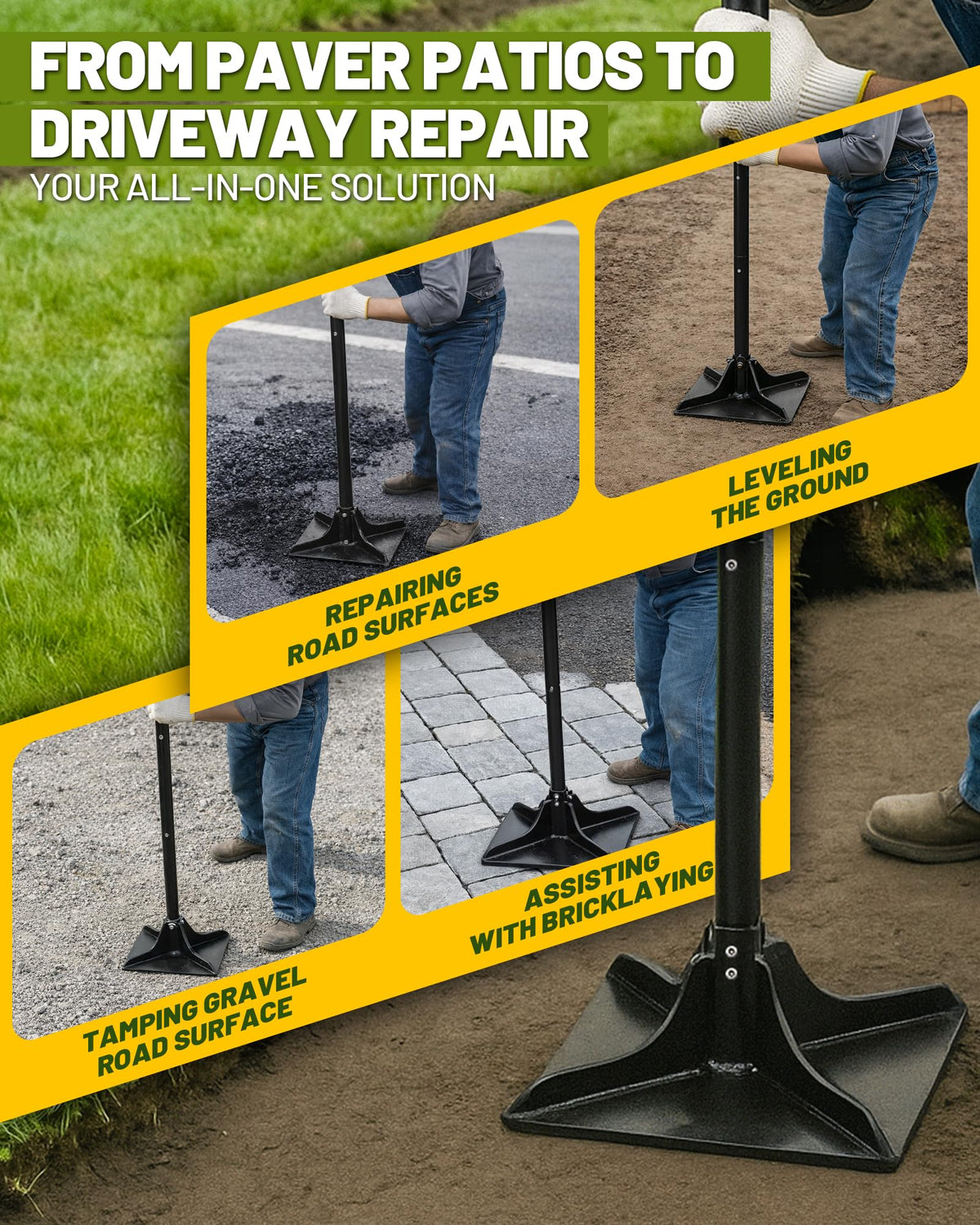 Gardmate steel tamper 48-inch handle highlights ergonomic grip and back-friendly leverage.