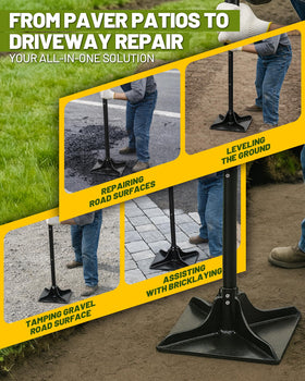 Gardmate steel tamper 48-inch handle highlights ergonomic grip and back-friendly leverage.