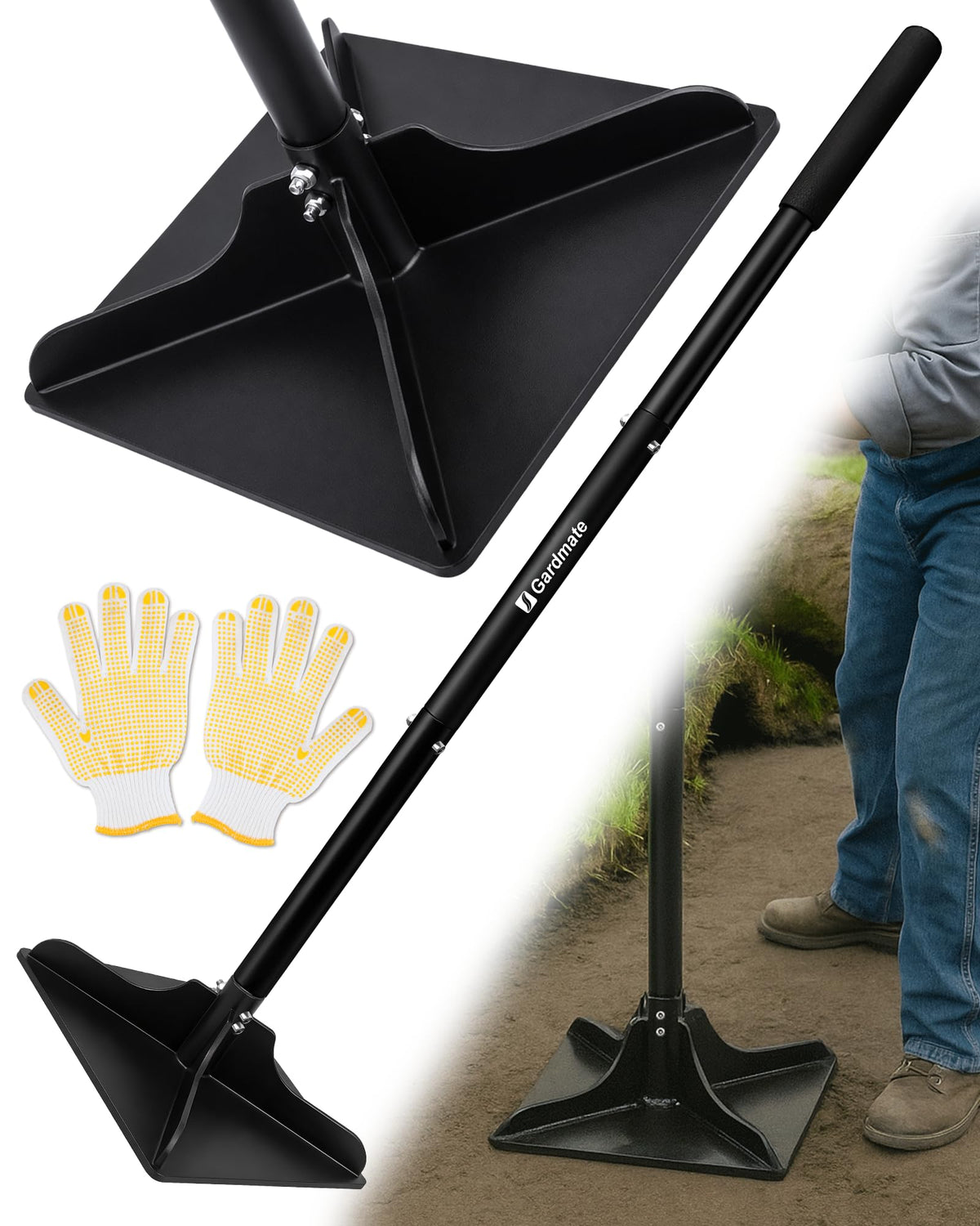 GardMate steel tamper head 8x8 inch for uniform soil compaction and lasting stability.
