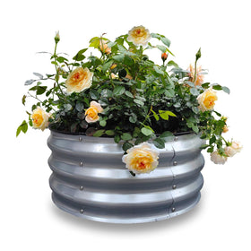 Gardmax galvanized round raised bed outdoors, durable for vegetables and flowers, long-lasting planting solution.