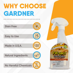 Gardner fruit fly spray used on indoor plants to protect against pests.