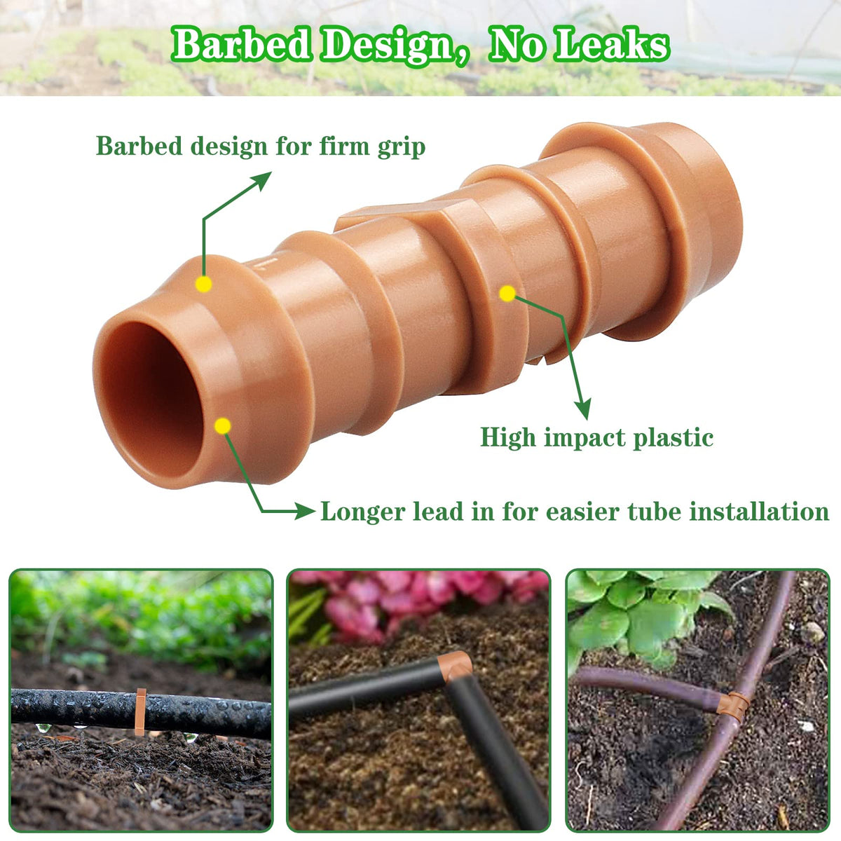 Gardrip barbed connectors and tees illustrate secure leak-proof joints