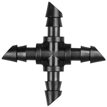 Gardrip cross fittings for 1/4 inch tubing enabling multi-branch irrigation.