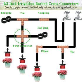 Gardrip cross-tee used in greenhouse setup extends irrigation layout.