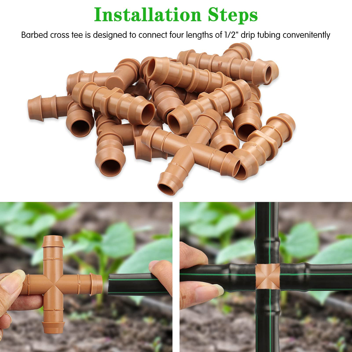 Gardrip drip irrigation cross-tee in garden bed supports efficient watering.