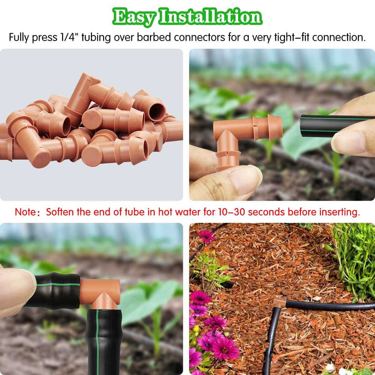 Gardrip elbow provides leak-proof tubing grip for drip systems.