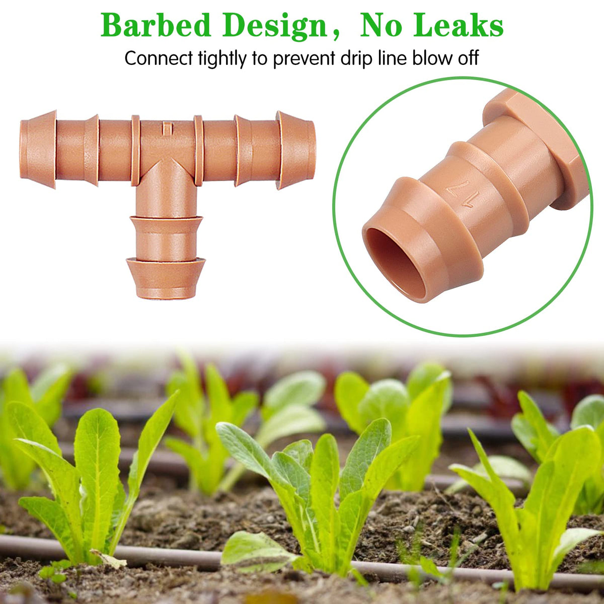 Gardrip tee with tubing inserted demonstrates fast leak-free setup