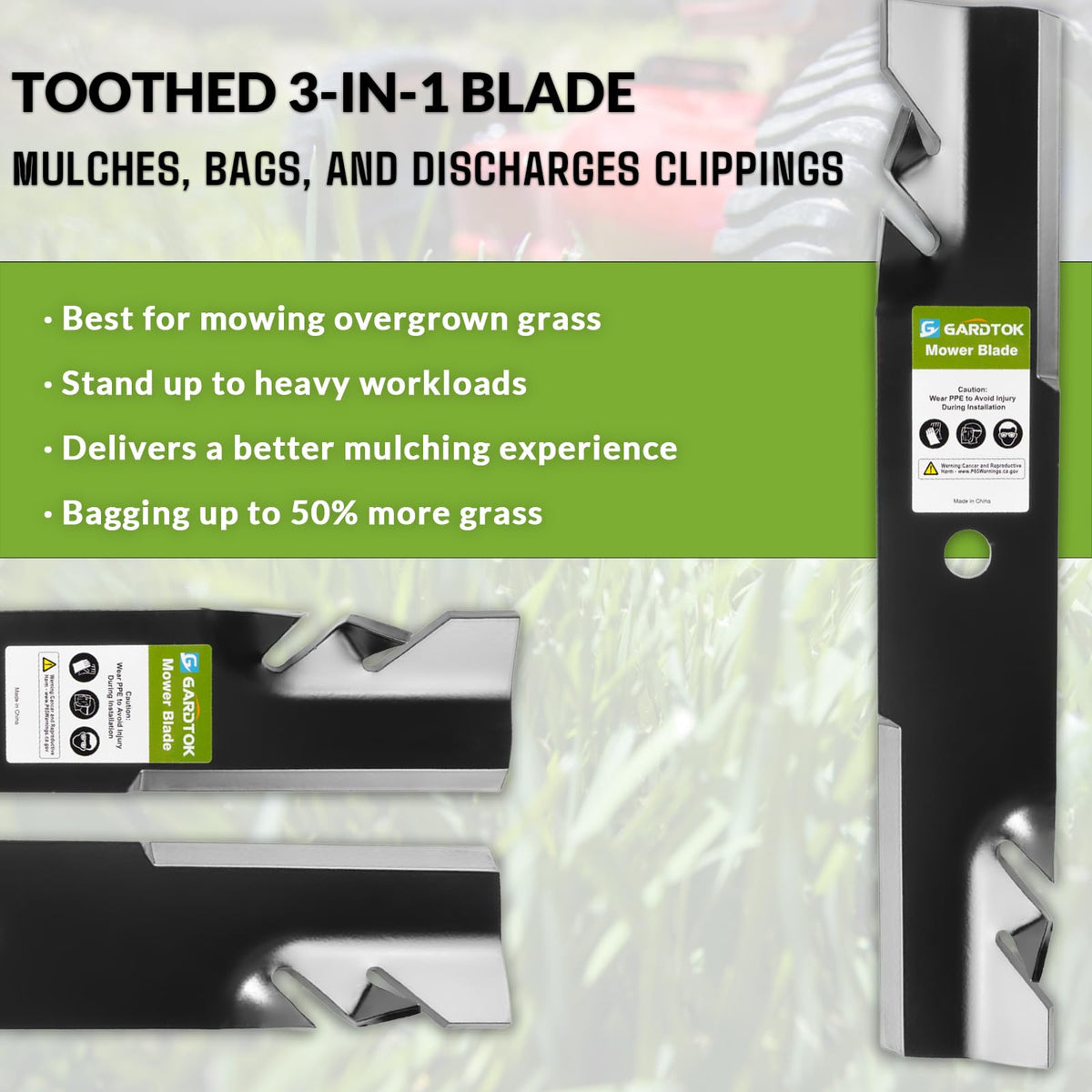 GardTok blade side view shows precise fit for 42-inch Bad Boy mower