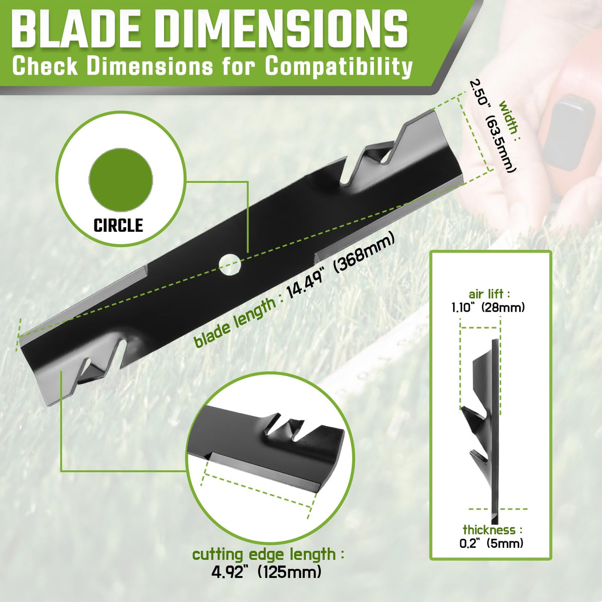 GardTok mulching design blade promotes strong airflow and upright grass