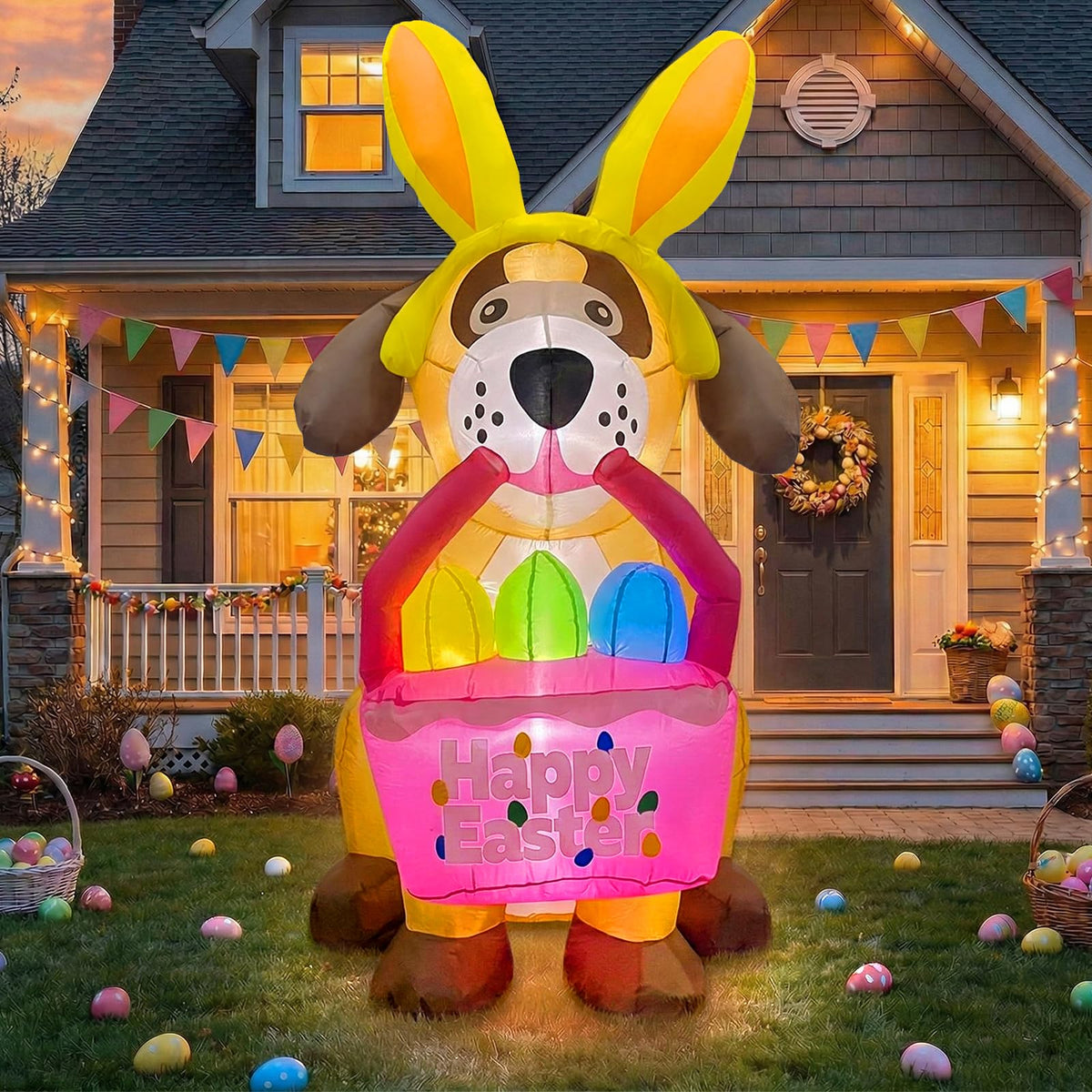 Gardwin Easter dog with bunny ears inflatable holding eggs basket for garden charm